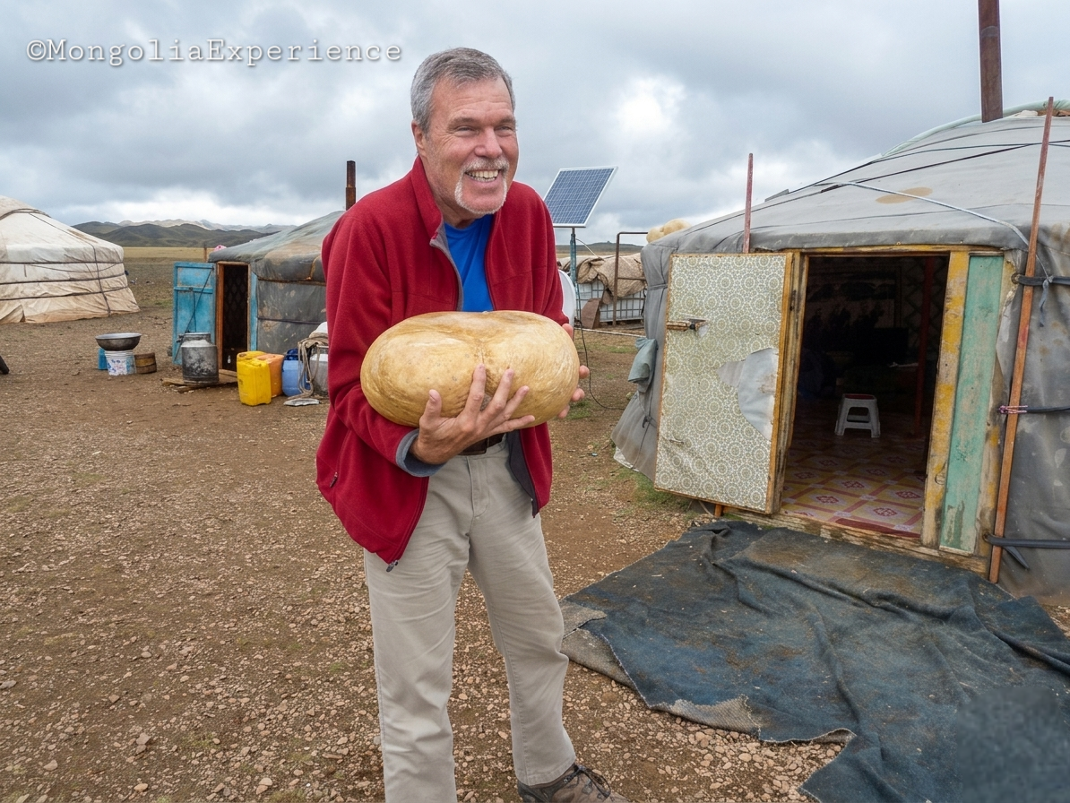 Phill holding Traditional Butter in Dried stomach pouch